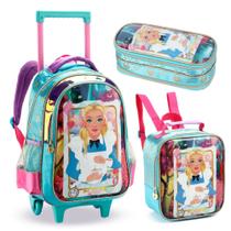 Conjunto 3 Peças Mochila Estojo Lancheira Alice Denlex Escolar Rosa E Azul Celeste