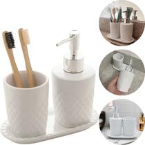Conjunto 3 Peças para Banheiro de Cerâmica Branco e Prata Lyor Conjunto 3 Peças para Banheiro de Cerâmica Branco e Prata Lyor