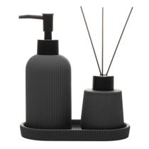 Conjunto 3 Peças para Banheiro Porta Sabonete Difusor Bandeja Cinza Cerâmica Wolff