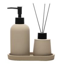 Conjunto 3 Peças para Banheiro Porta Sabonete Difusor Bandeja Nude Cerâmica Wolff