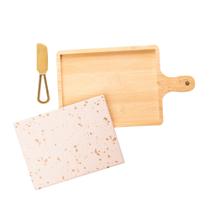 Conjunto 3 Peças para Queijo com Bandeja de Bambu e Faca Dourada e Tábua Terrazo 29x17x1,5cm Lyor