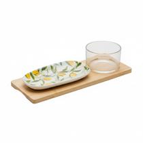 Conjunto 3 Peças Para Servir Petisqueira Bandeja Bambu Copo