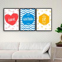 Conjunto 3 Peças Quadros Decorativos Alta Resolução Amor, Fé Gratidão Frases Motivacionais Kit Quadrinhos Decorativos Decoração Cozinha Sala Quarto