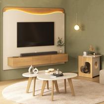 Conjunto 3 Peças Sala Estar Apoio Pet Mesa de Centro Orgânica e Painel Lumiere Bege Carvalho/Off White Conjunto 3 Peças Sala Estar Apoio Pet Mesa de Centro Orgânica e Painel Lumiere Bege Carvalho/Off White