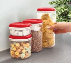 Conjunto 3 peças Tupperware Modular Clear Transparente e Tampa Vermelha com Gliter