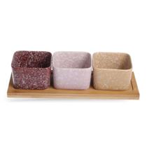 Conjunto 3 Petisqueiras Bowls em Porcelana Estilo Granito com Tábua em Bambu LH0081 BTC Conjunto 3 Petisqueiras Bowls em Porcelana Estilo Granito com Tábua em Bambu LH0081 BTC