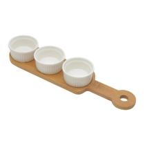 Conjunto 3 Petisqueiras com Bandeja de Bambu Branco 33cm x 8cm - Wolff Conjunto 3 Petisqueiras com Bandeja de Bambu Branco 33cm x 8cm - Wolff