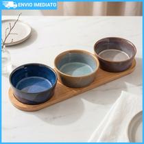 Conjunto 3 Petisqueiras De Cerâmica Com Bandeja Design Elegante Para Servir Aperitivos Molhos Lyor