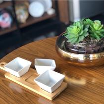 Conjunto 3 Petisqueiras de Porcelana com Suporte de Bambu
