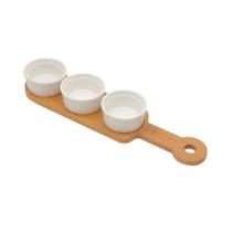 Conjunto 3 Petisqueiras Porcelana Com Suporte Bambu