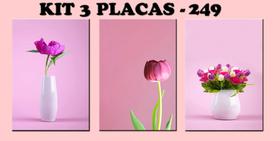 Conjunto 3 Placas Tamanho 20x30 Flor Tulipa Vaso Com Flores Rosa Folhas Verde