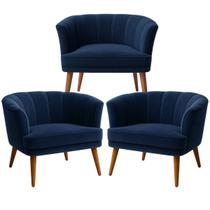 Conjunto 3 Poltronas Estofadas para Recepção Clinica Tecido Veludo Macio Pés Palito
