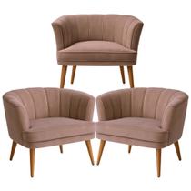 Conjunto 3 Poltronas Estofadas para Recepção Clinica Tecido Veludo Macio Pés Palito