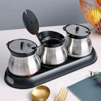 Conjunto 3 Porta Condimentos Inox Vidro 250ml Potes Colheres Cozinha Restaurante Grãos Ervas Tempero Café Chá Açucareiro