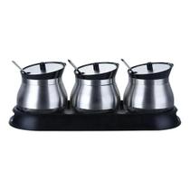 Conjunto 3 Porta Condimentos Inox Vidro 250ml Potes Colheres Cozinha Restaurante Grãos Ervas Tempero Café Chá Açucareiro