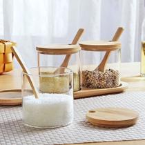 Conjunto 3 Porta Condimentos Vidro E Bambu Com Colher Conjunto 3 Porta Condimentos Vidro E Bambu Com Colher