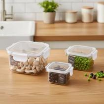 Conjunto 3 Pote Hermético Tampas com Travas Quadrado ou Retangular