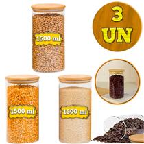 Conjunto 3 Potes 1500ml Porta Mantimento Frasco De Vidro Herméticos Tampa de Bambu Natural