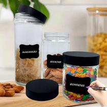 Conjunto 3 Potes Adesivo Lousa Vidro Vasilha Recipiente Armazena Tampa Escrever Pote Guarda Cozinha