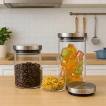 Conjunto 3 Potes De Vidro Borosilicato Tampa Inox Conjunto 3 Potes De Vidro Borosilicato Tampa Inox
