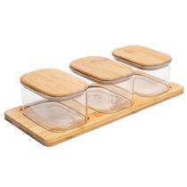 Conjunto 3 potes de vidro borossilicato com tampa e bandeja de bambu Wolff