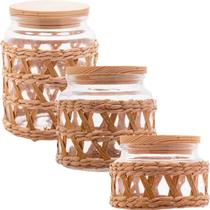 Conjunto 3 potes de vidro com tampa em madeira sisal wolff Conjunto 3 potes de vidro com tampa em madeira sisal wolff