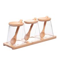 Conjunto 3 Potes de Vidro com Tampa Hermética Colher e Bandeja em Bambu 350ml 20696 - Wolff