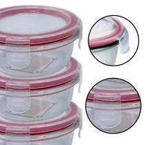 Conjunto 3 Potes De Vidro Com Tampa Hermetica Redondo Marmita Empilhável BPA Alimentos Resistente Microondas Kit