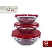 Conjunto 3 Potes de Vidro Hermeticos Com Tampa conjuto para armazenamento de alimentos e condimento cozinha casa - Vermelho