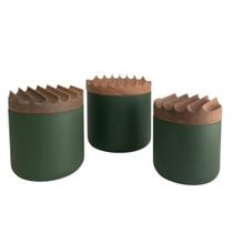 Conjunto 3 potes em metal alumínio verde militar tampas côncavas de madeira