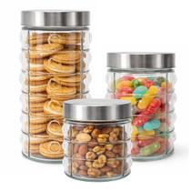 Conjunto 3 Potes em Vidro com Tampa Rosca Aço Inox Porta Mantimentos Design Decor Conjunto 3 Potes em Vidro com Tampa Rosca Aço Inox Porta Mantimentos Design Decor