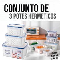 Conjunto 3 Potes Herméticos com Cesto Interno Removível de Geladeira Armário para Frutas Verduras Alimentos Branca