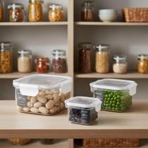 Conjunto 3 Potes Herméticos Quadrados Cozinha Mantimentos Armazenamento Vedação Airtight Transparente Conservação Alimen