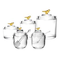 Conjunto 3 Potes Porta Mel Açucareiro Cristal Com Tampa Bird