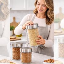 Conjunto 3 Potes Redondos de Vidro com Tampa de Inox para Armazenar Alimentos 800ml 1200ml 1600ml Conjunto 3 Potes Redondos de Vidro com Tampa de Inox para Armazenar Alimentos 800ml 1200ml 1600ml