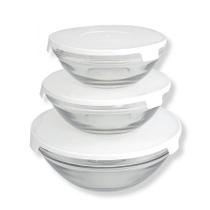 Conjunto 3 Potes Tigela De Vidro 200ml 400ml 550ml Tampa E Trava Branca De Plástico Armazenar Comida Geladeira Salada