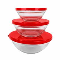 Conjunto 3 Potes Tigela De Vidro Tampa Vermelho - Tamanhos 230-330-500ml Conjunto 3 Potes Tigela De Vidro Tampa Vermelho - Tamanhos 230-330-500ml