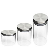 Conjunto 3 Potes Vidro Borossilicato Tampa Inox Hermética Conjunto 3 Potes Vidro Borossilicato Tampa Inox Hermética