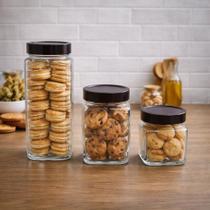 Conjunto 3 Potes Vidro Hermético Tampa Marrom Conserva Mantimentos Grãos Organização Cozinha