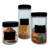 Conjunto 3 Potes Vidro Kit Com Tampa e Adesivo Lousa Para Escrever Jogo Porta Mantimentos Organização Alimentos Cozinha