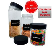 Conjunto 3 Potes Vidro Kit Tampa E Adesivo Lousa Escrever