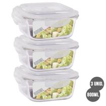 Conjunto 3 Potes Vidro Quadrado 800ml Hermético 4 Travas
