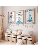 Conjunto 3 Quadros Decoração Infantil Mar Farol Veleiro Ondas Quarto Bebê