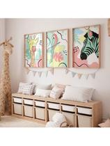 Conjunto 3 Quadros Infantil Girafa Arara Zebra Folhas Decoração Ideal Quartos Bebê