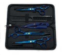 Conjunto 3 Tesouras Fio Navalha Desfiadeira Fio Laser+ Navalha 6.0 Azul