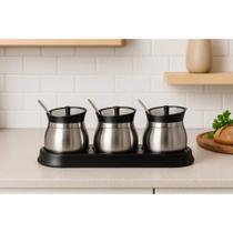 Conjunto 3 Unidades Vasilha Vidro Recipiente Inox Suporte Colher Pote Conserva Tempero Condimentos