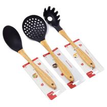 Conjunto 3 Utensílios De Cozinha Silicone Cabo Madeira Preto Conjunto 3 Utensílios De Cozinha Silicone Cabo Madeira Preto