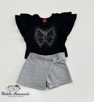 Conjunto 4/16 Kyly Blusa Preta Borboleta com Foil Prateado e Short Saia Cinza com Laço
