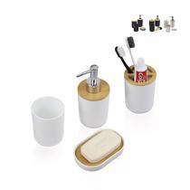 Conjunto 4 acessórios de banheiro de bambu kit completo porta escova de dente sabonete saboneteira