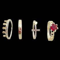 Conjunto 4 Aneis Tipo Pandora Fino Elegante Coração Dourado Conjunto 4 Aneis Tipo Pandora Fino Elegante Coração Dourado